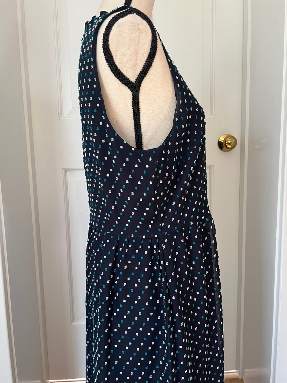 Loft Outlet Navy Blue, Sleeveless Midi Dress, White/Teal Clip Dot, Lined, Sz 12 - Picture 5 of 9